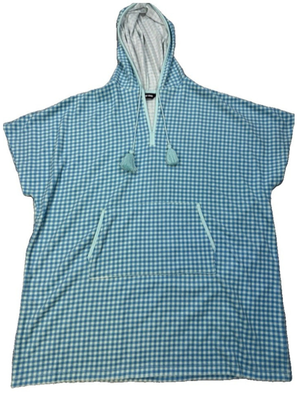 Lands' End Womens 1X-2X Terry Cloth Gingham Hooded Swim Cover Up Poncho Aqua